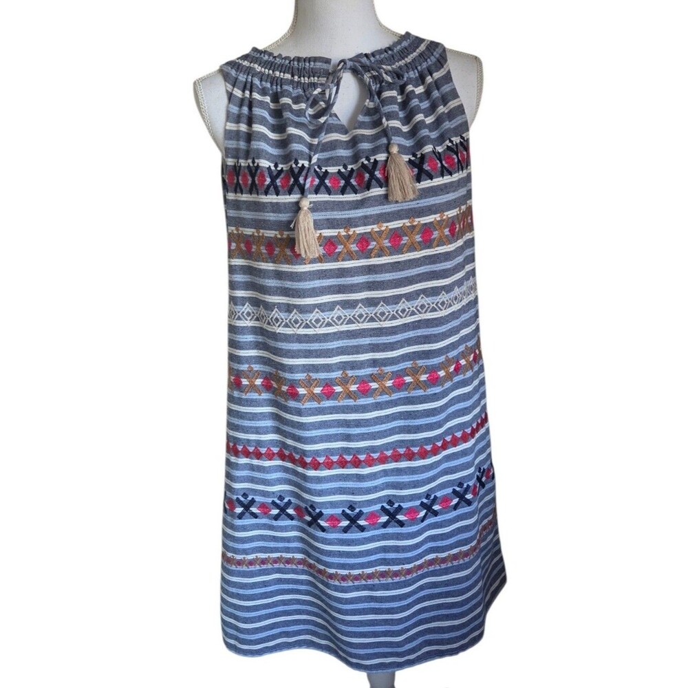 thml blue striped embroidered shift sundress tassel tie halter neck size M